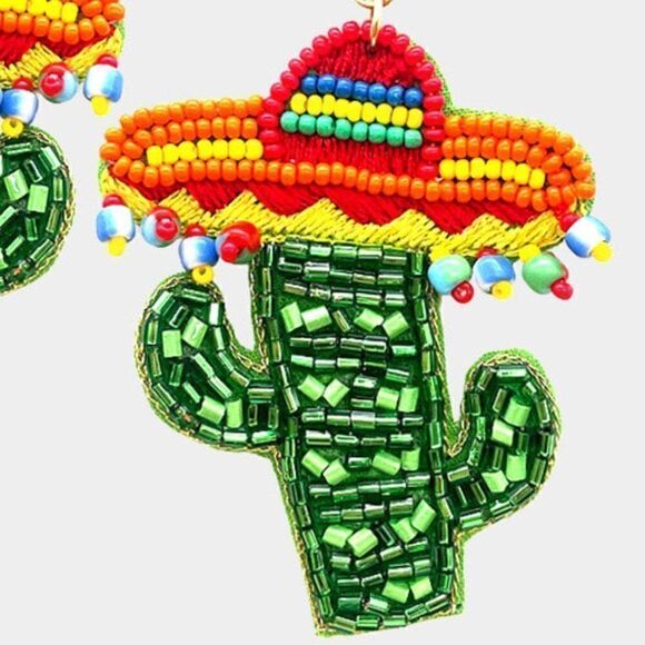 Sombrero Cactus Seed Beaded Dangle Earrings - Picture 2 of 5